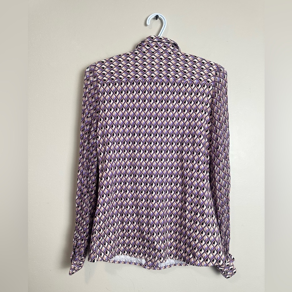 DESOTO Women's Size S Purple Cream Geometric Print Cotton Viscose Blouse Long Sl - Picture 6 of 6